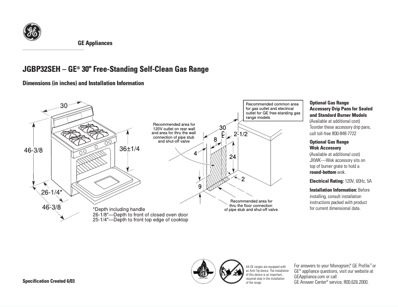 Page 1 of the manual Technical Sheet GE JGBP32SEHSS