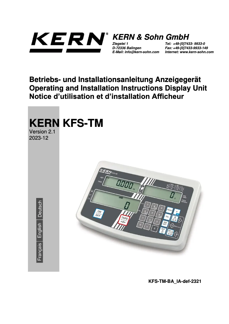 Page 1 de la notice Manuel utilisateur Kern IFS 100K-2LM