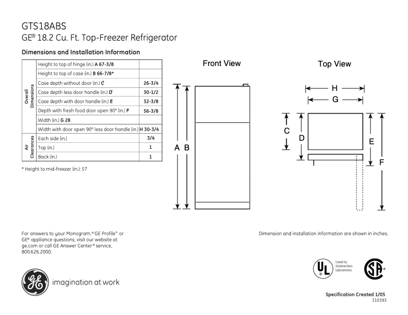 Página 1 del manual Ficha técnica GE GTS18ABSRWW