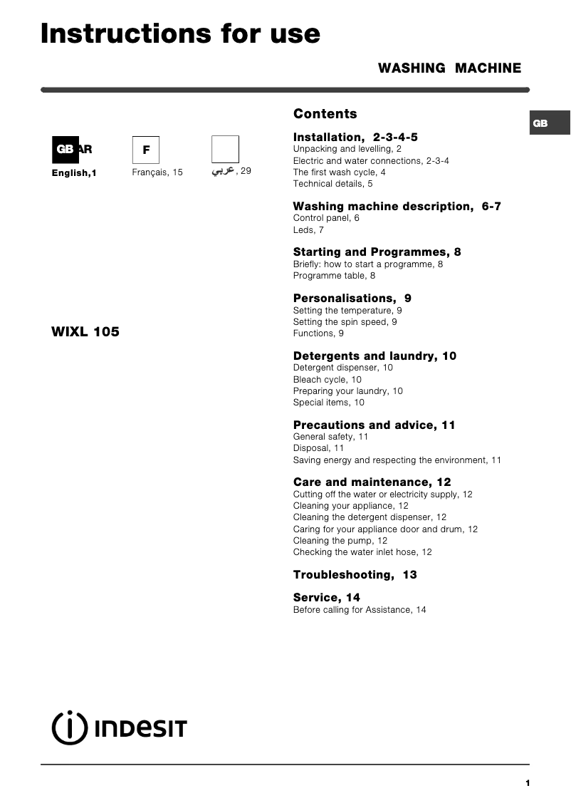 Página 1 del manual Manual de usuario Indesit WIXL 105 (EX) (V) 60