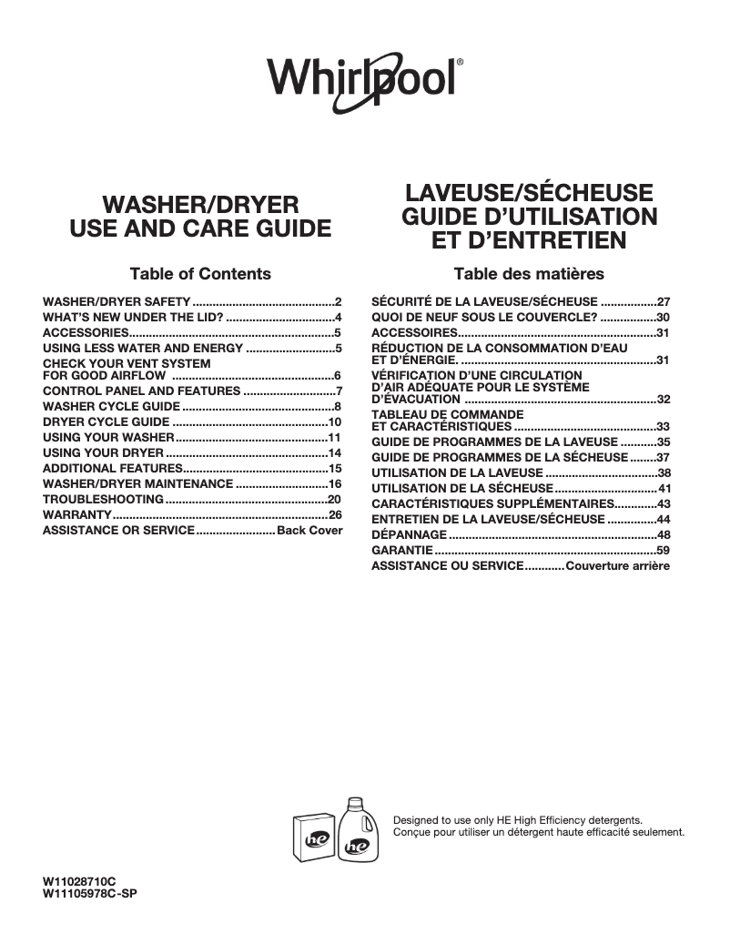Page 1 de la notice Manuel d'utilisation et d'entretien Whirlpool WETLV27HW
