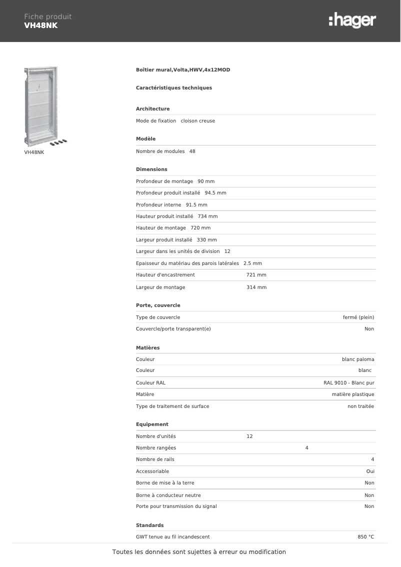 Page 1 de la notice Fiche technique Hager VH48NK