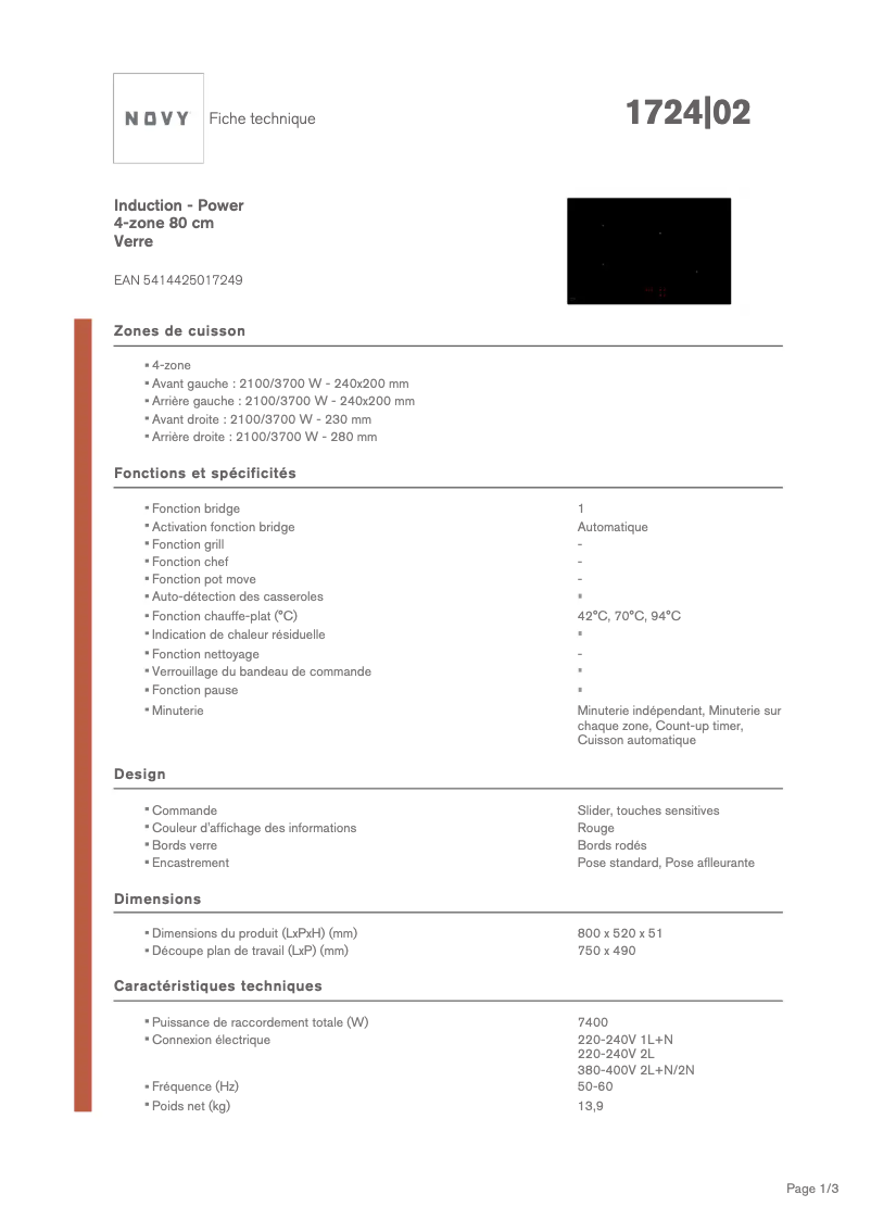 Page 1 de la notice Fiche technique Novy Power 1724
