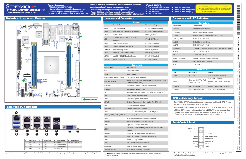 Page 1 de la notice Guide de démarrage rapide Supermicro X12SDV-16C-SPT8F
