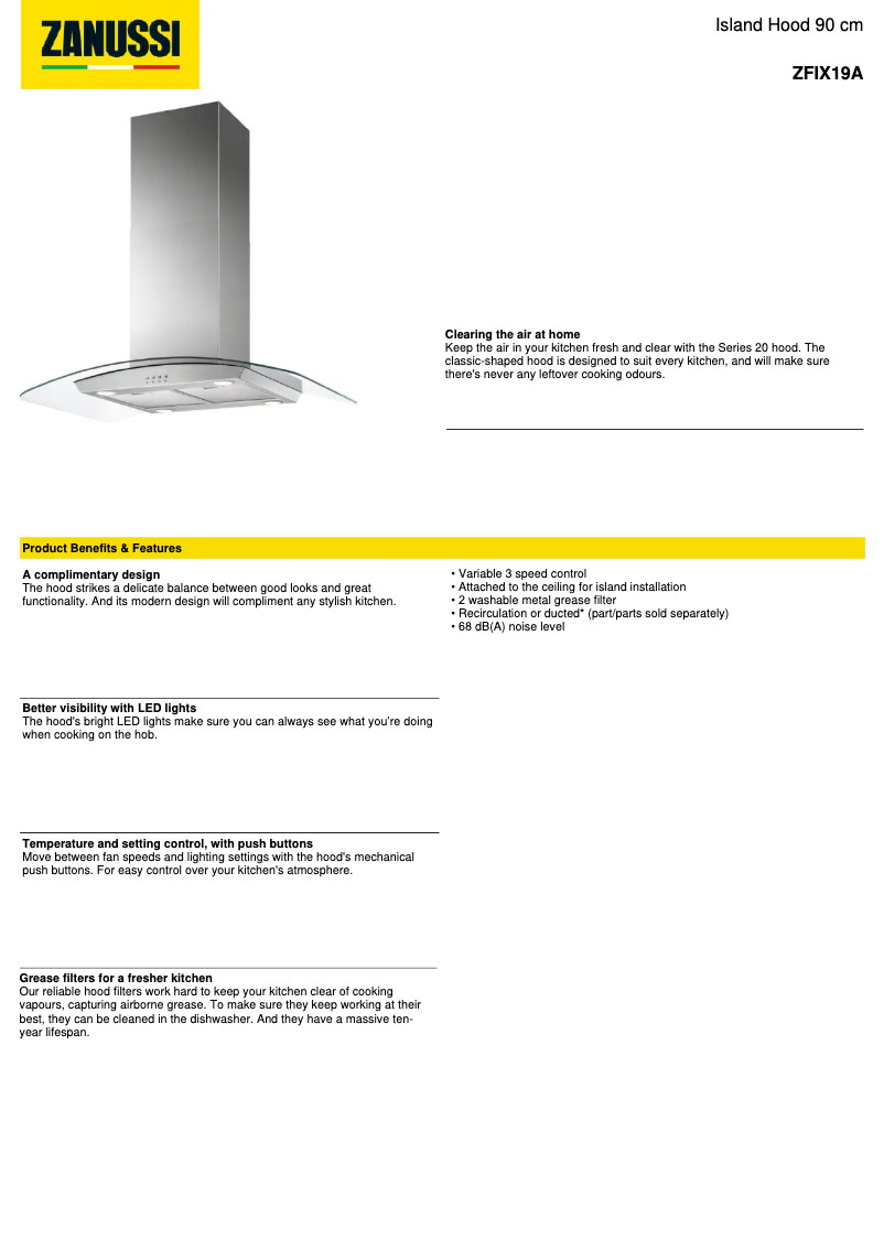 Page 1 de la notice Fiche technique Zanussi ZFIX19A
