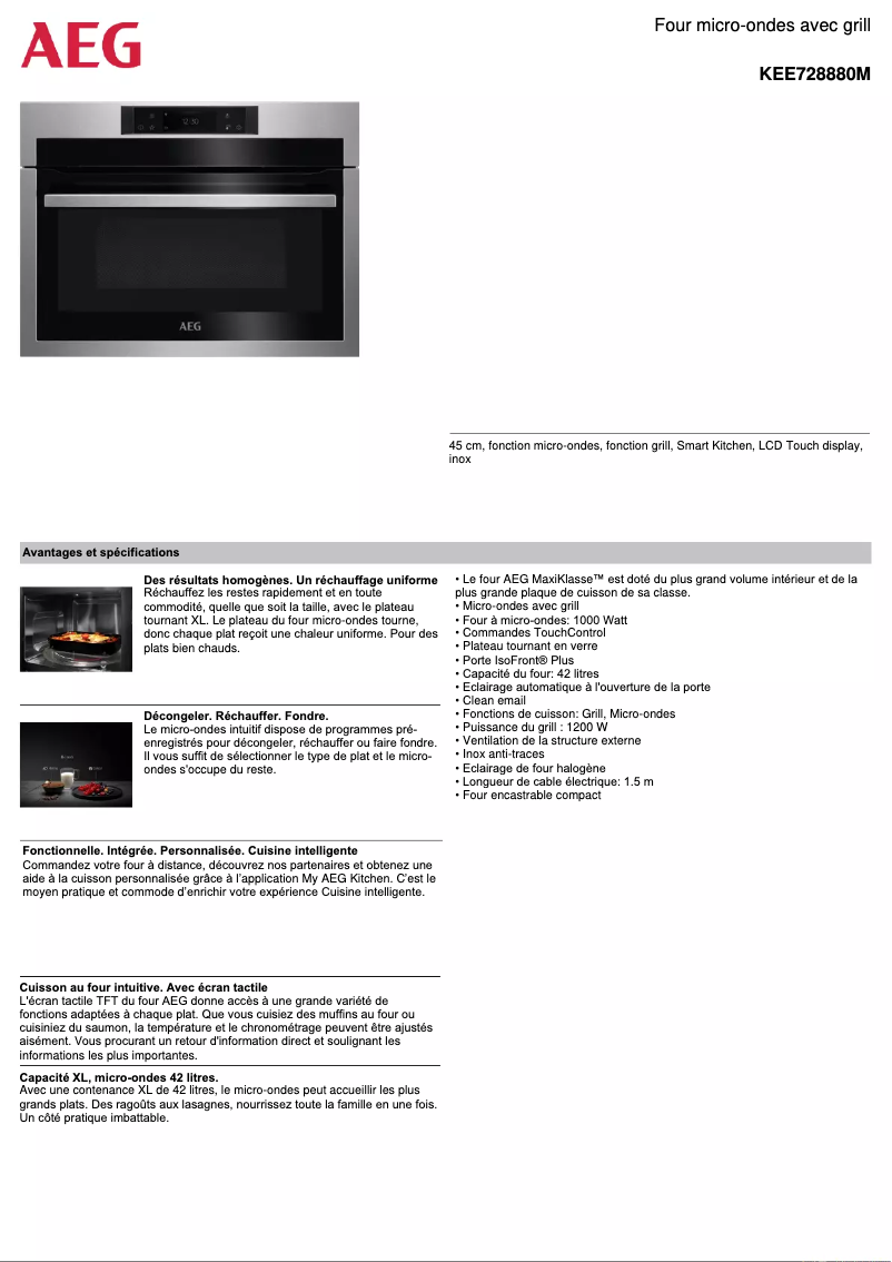 Page 1 de la notice Fiche technique AEG KEE728880M