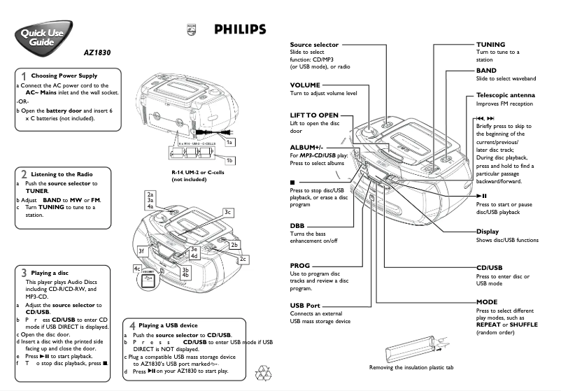 Page 1 de la notice Guide de démarrage rapide Philips AZ1830