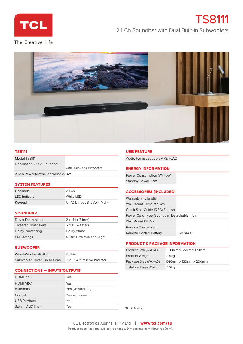 Page 1 de la notice Fiche technique TCL Alto 8i TS8111