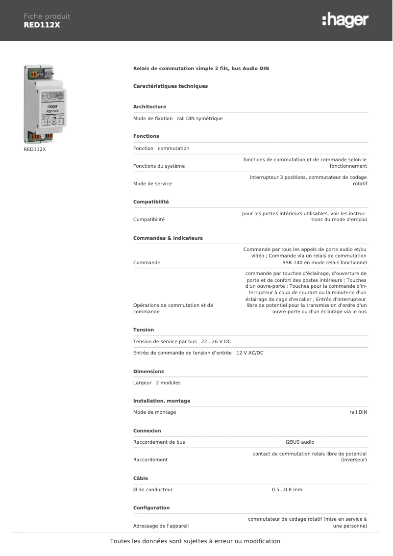 Página 1 del manual Ficha técnica Hager RED112X