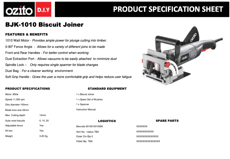 Page 1 de la notice Fiche technique Ozito BJK-1010