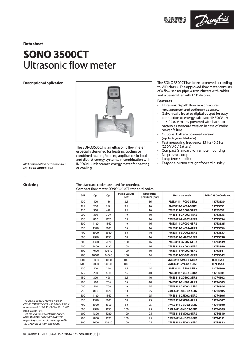 Page 1 de la notice Fiche technique Danfoss Sono 3500 CT