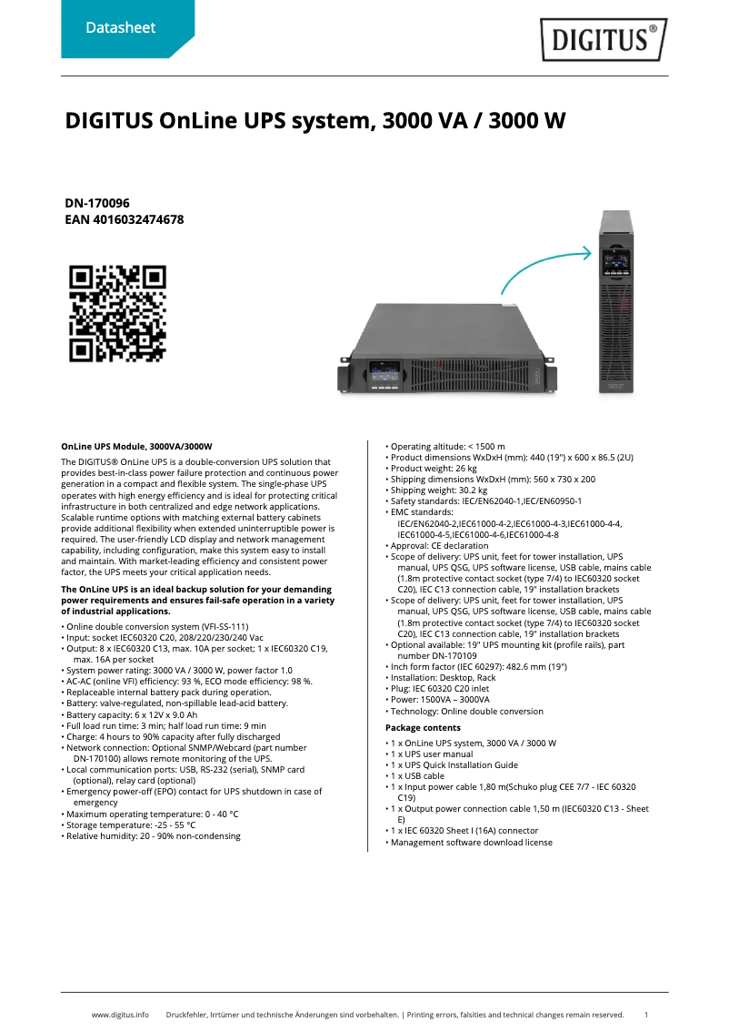 Page 1 de la notice Fiche technique Digitus DN-170096
