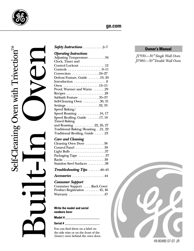 Página 1 del manual Manual de uso y mantenimiento GE JT930BHBB