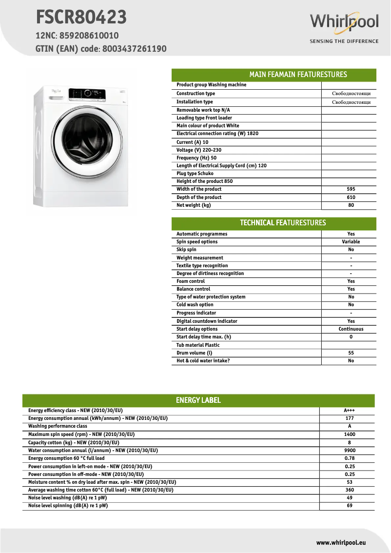 Page 1 de la notice Fiche technique Whirlpool FSCR80423