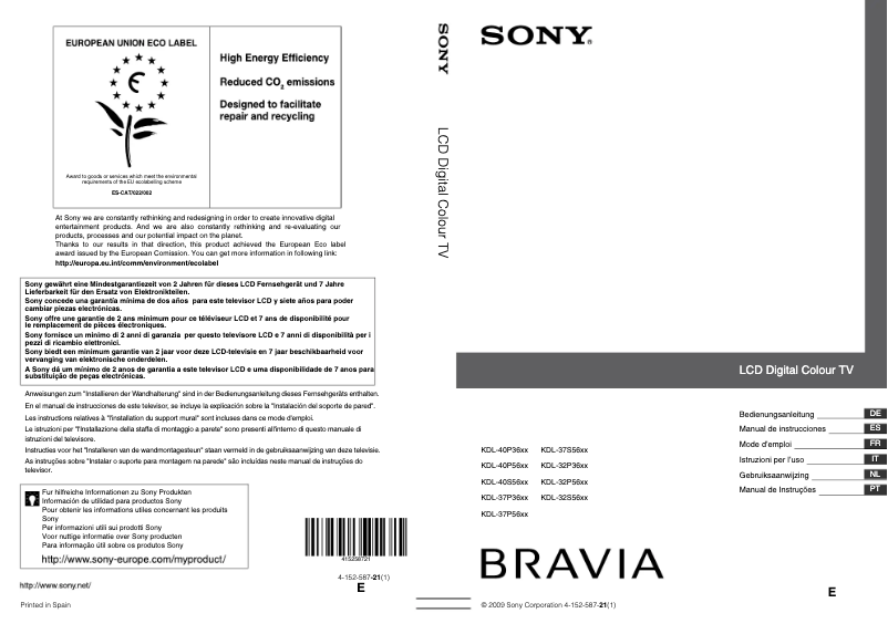 Page 1 de la notice Manuel utilisateur Sony Bravia KDL-32P5600