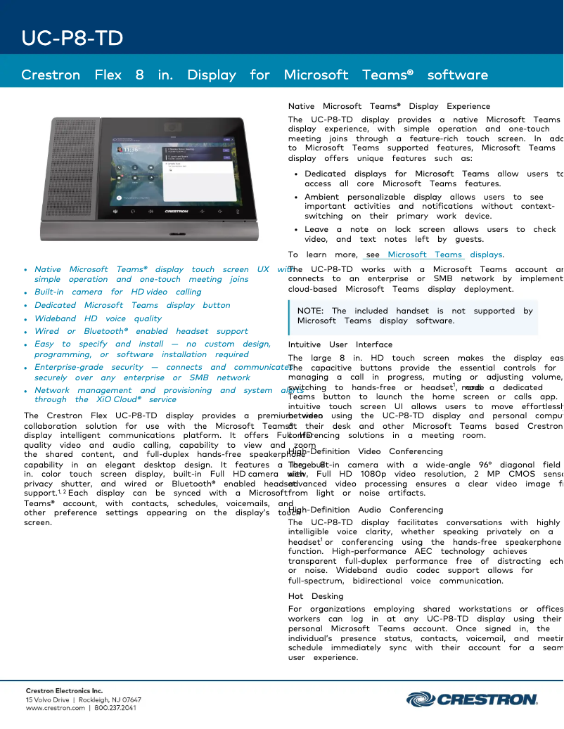 Page 1 of the manual Technical Sheet Crestron UC-P8-TD