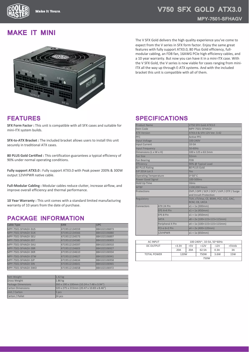 Page 1 de la notice Fiche technique Cooler Master SFX Gold 750