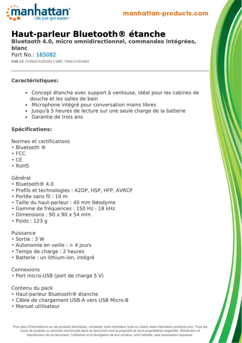 Page 1 de la notice Fiche technique Manhattan 165082