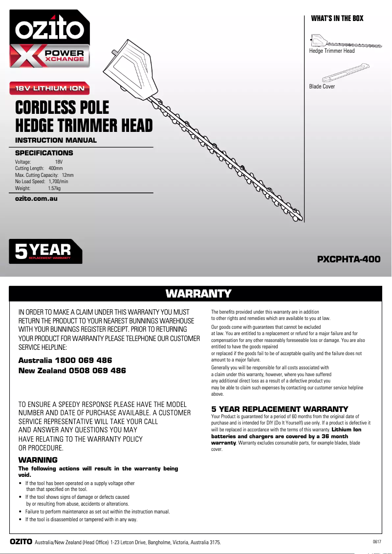 Page 1 de la notice Manuel utilisateur Ozito PXCPHTA-400
