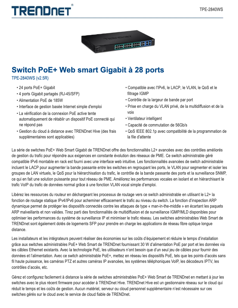 Page 1 de la notice Fiche technique TRENDnet TPE-2840WS