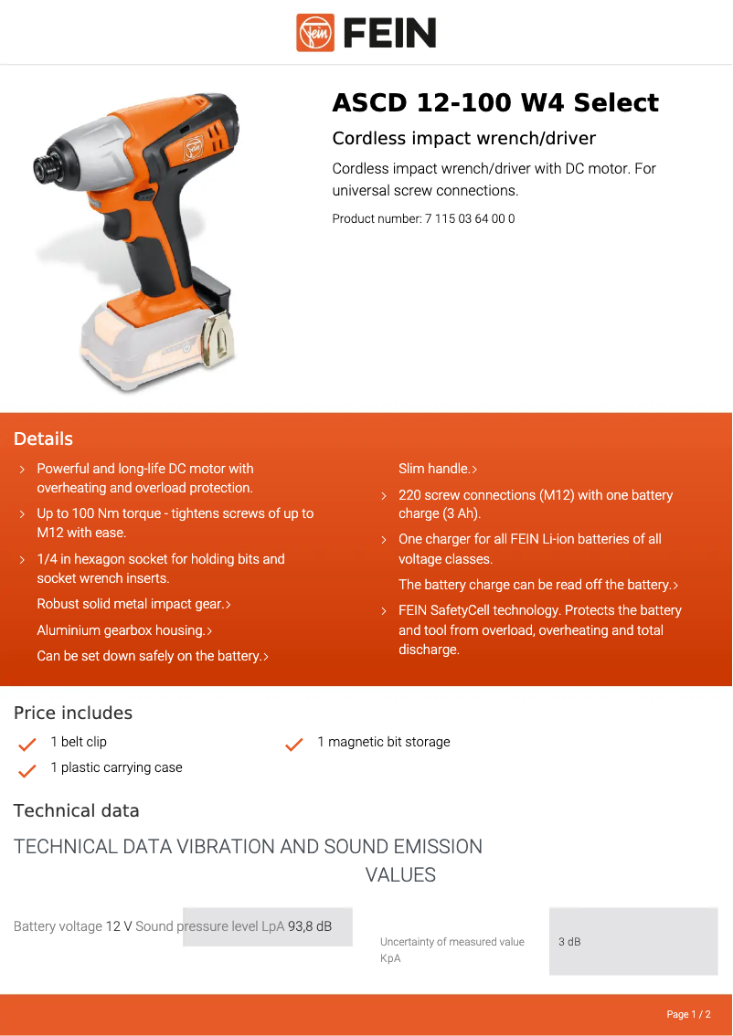 Page 1 de la notice Fiche technique Fein ASCD 12-100 W4 Select
