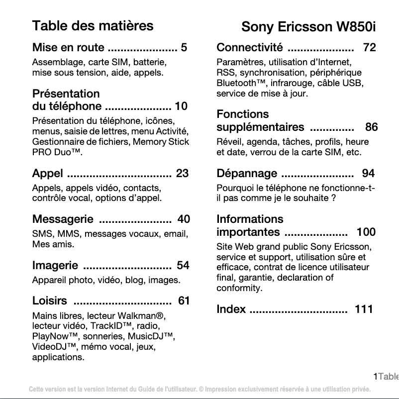 Page 1 of the manual User Manual Sony Ericsson W850i
