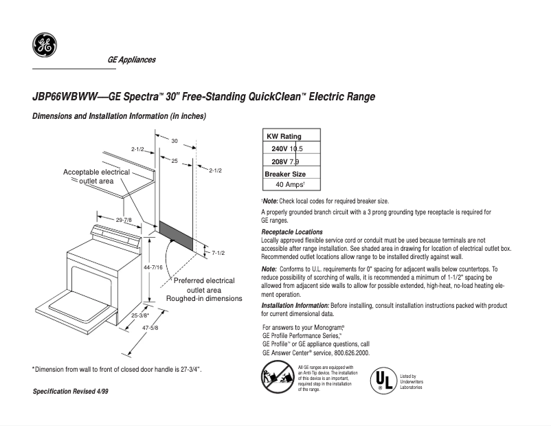 Página 1 del manual Ficha técnica GE Spectra JBP66WBWW