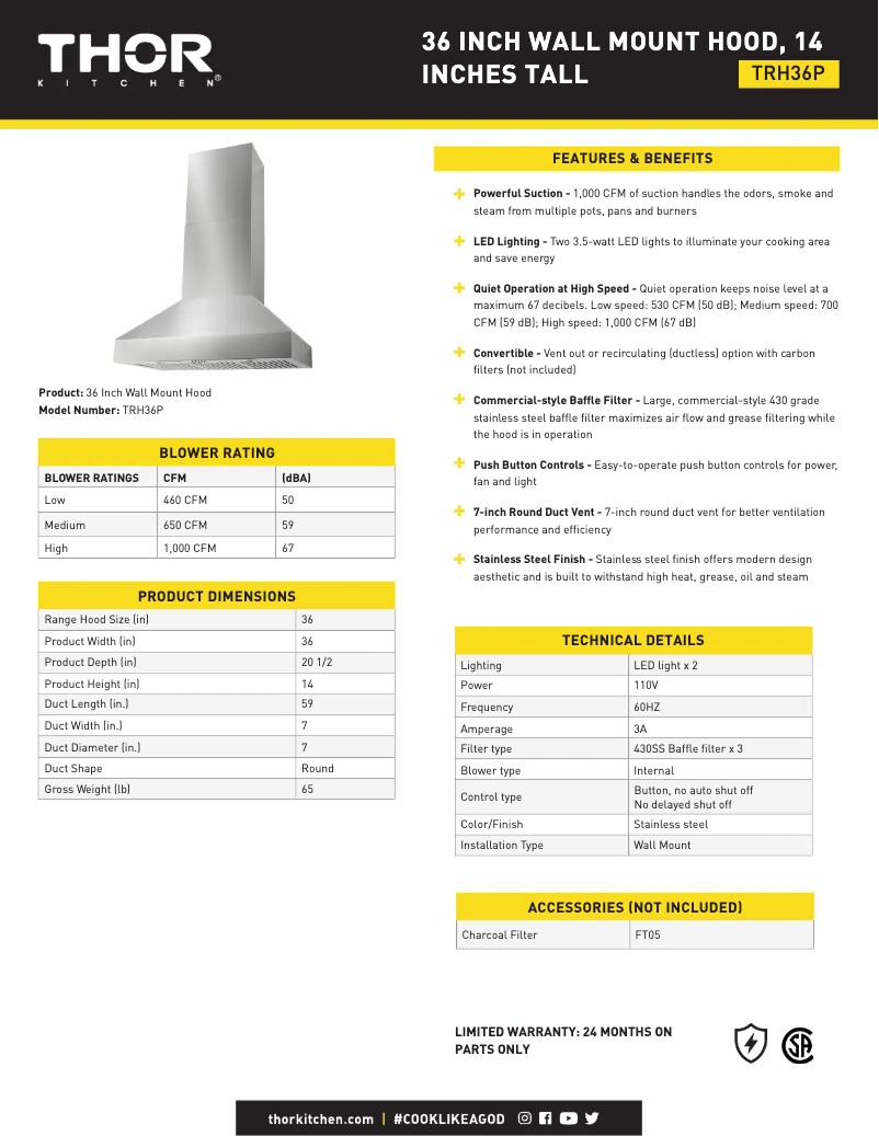 Page 1 de la notice Fiche technique Thor TRH36P