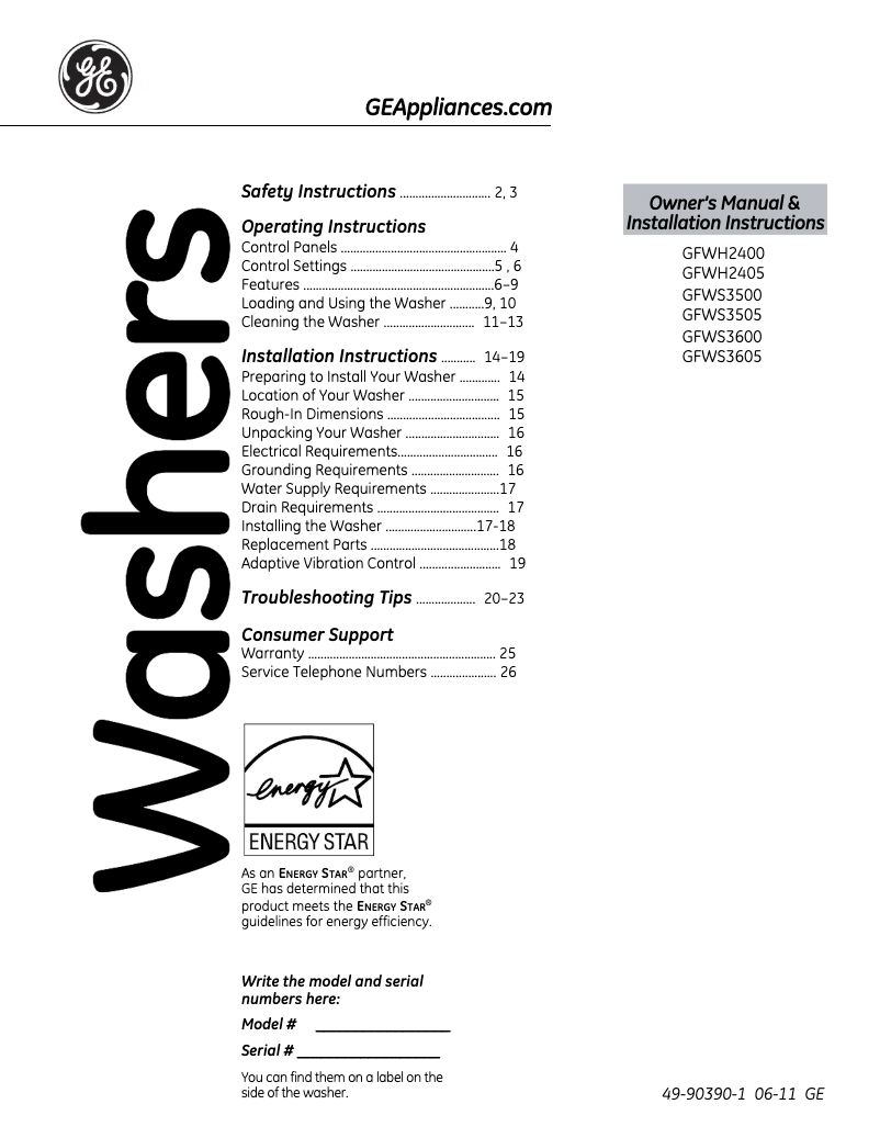 Página 1 del manual Manual de uso y mantenimiento GE GFWS3500LWW