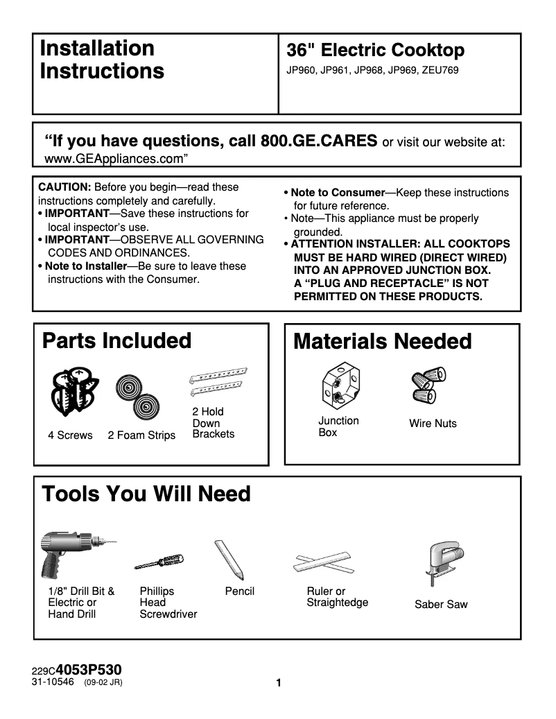 Page n°1 - Guide d'installation GE Profile JP961SHSS