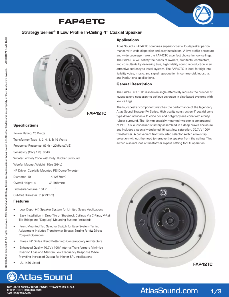 Page 1 de la notice Brochure Atlas Sound FAP42TC