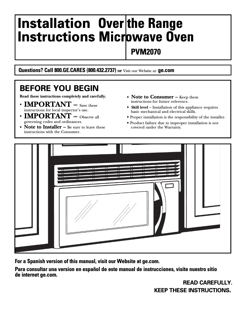 Página 1 del manual Guía de instalación GE PVM2070DMBB