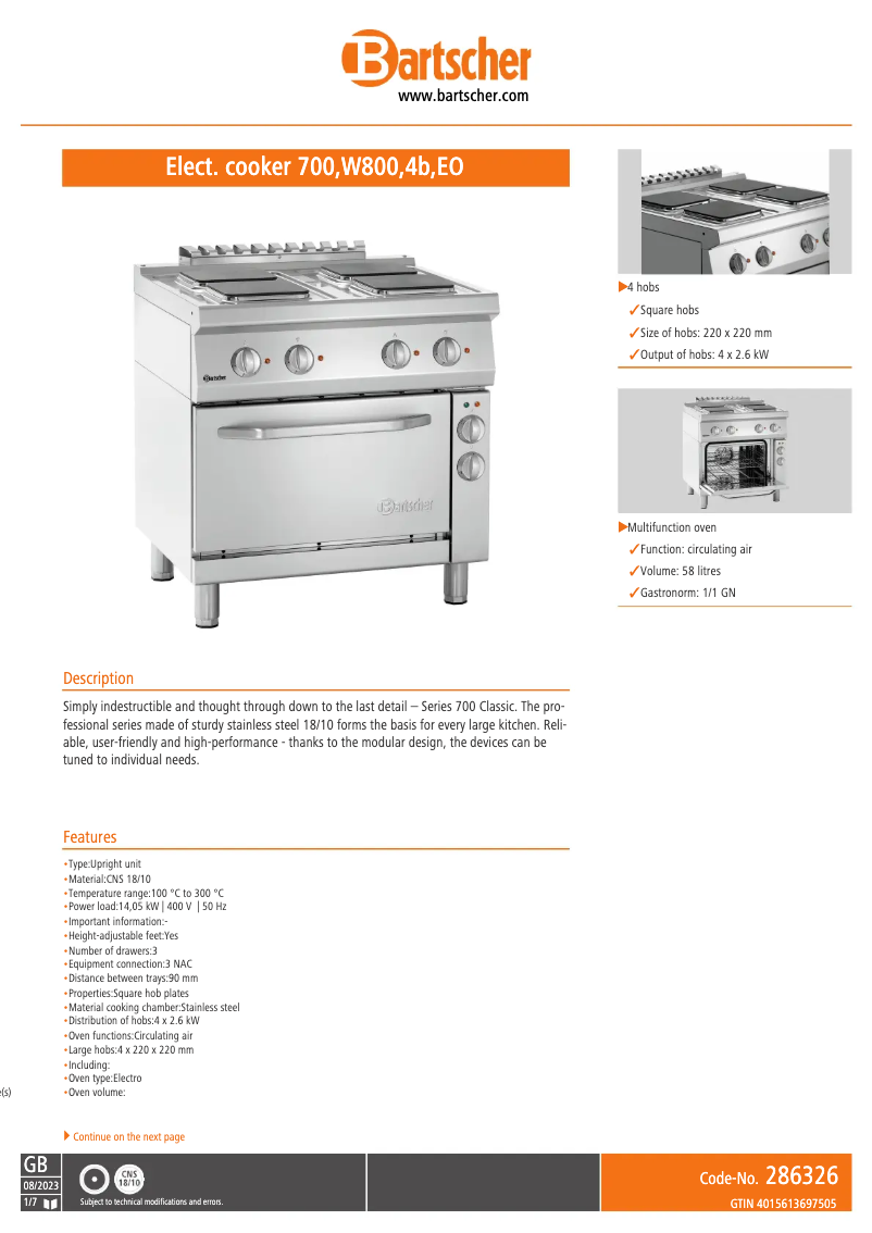 Page 1 de la notice Fiche technique Bartscher 286326