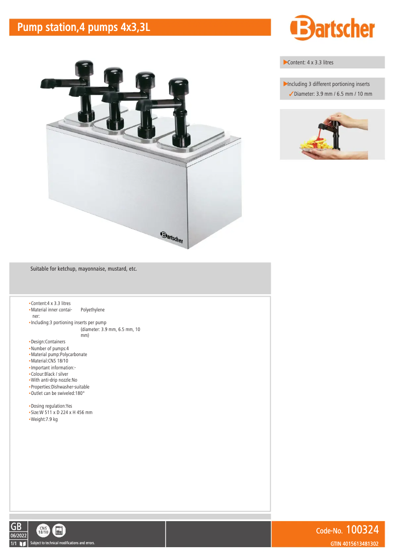 Page 1 de la notice Fiche technique Bartscher 100324