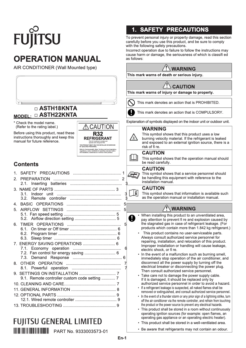Página 1 del manual Manual de usuario Fujitsu ASTH22KNTA