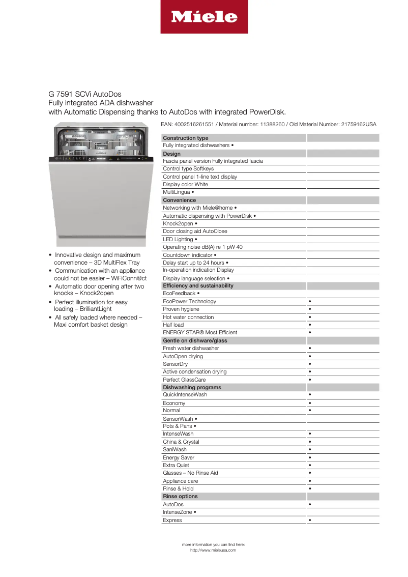 Página 1 del manual Ficha técnica Miele G 7591 SCVi AutoDos