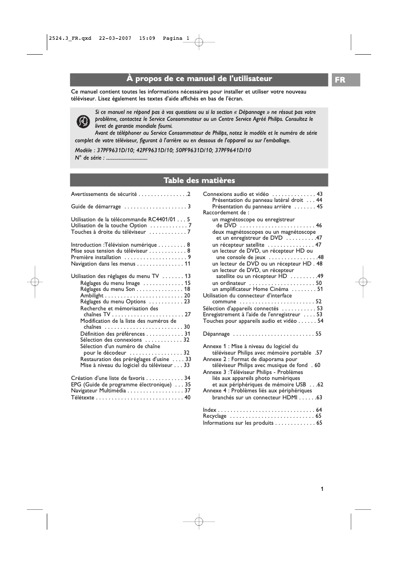 Page 1 of the manual User Manual Philips 42PF9631D