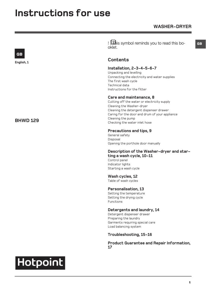 Página 1 del manual Manual de usuario Hotpoint BHWD 129 (UK)/1
