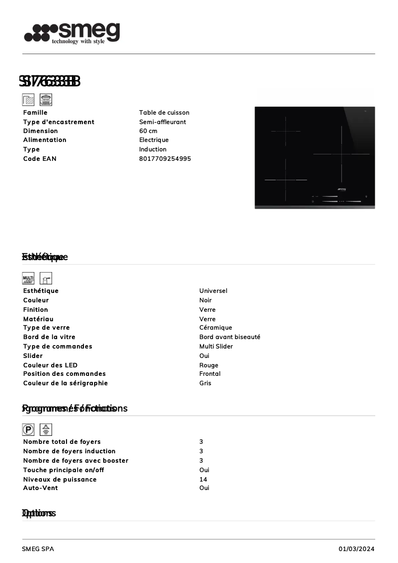 Page 1 de la notice Fiche technique Smeg SI7633B