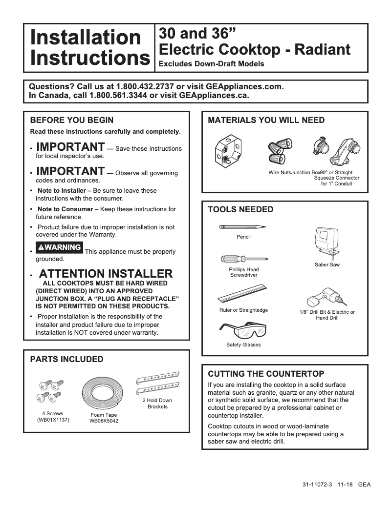 Page 1 of the manual Installation Guide GE PP7030BMTS