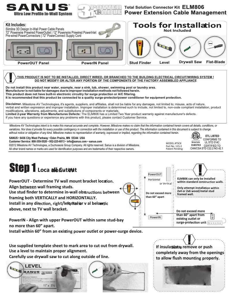 Page 1 de la notice Manuel utilisateur Sanus ELM806