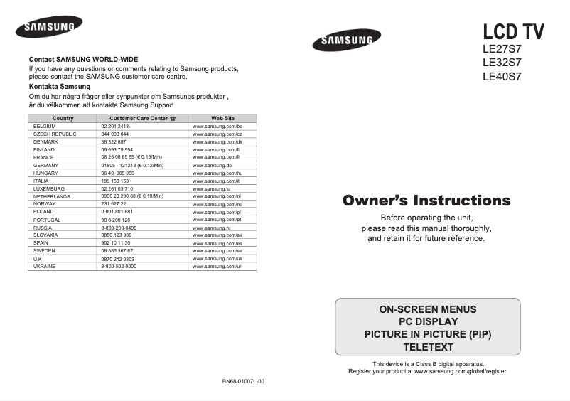 Page 1 de la notice Manuel utilisateur Samsung LE40S73BD