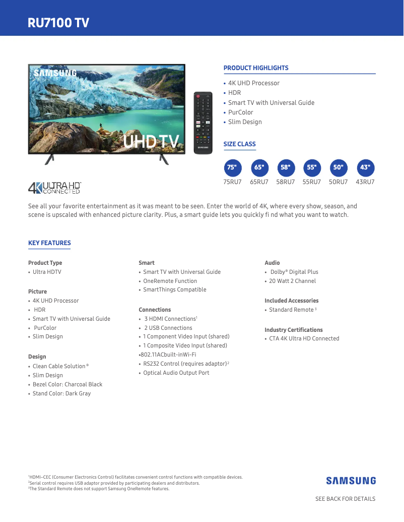 Page 1 de la notice Fiche technique Samsung UN65RU7100FXZA