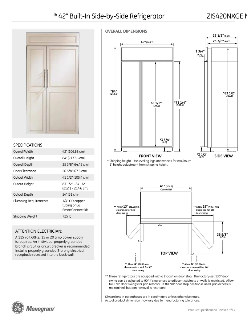 Página 1 del manual Ficha técnica GE ZIS420NX
