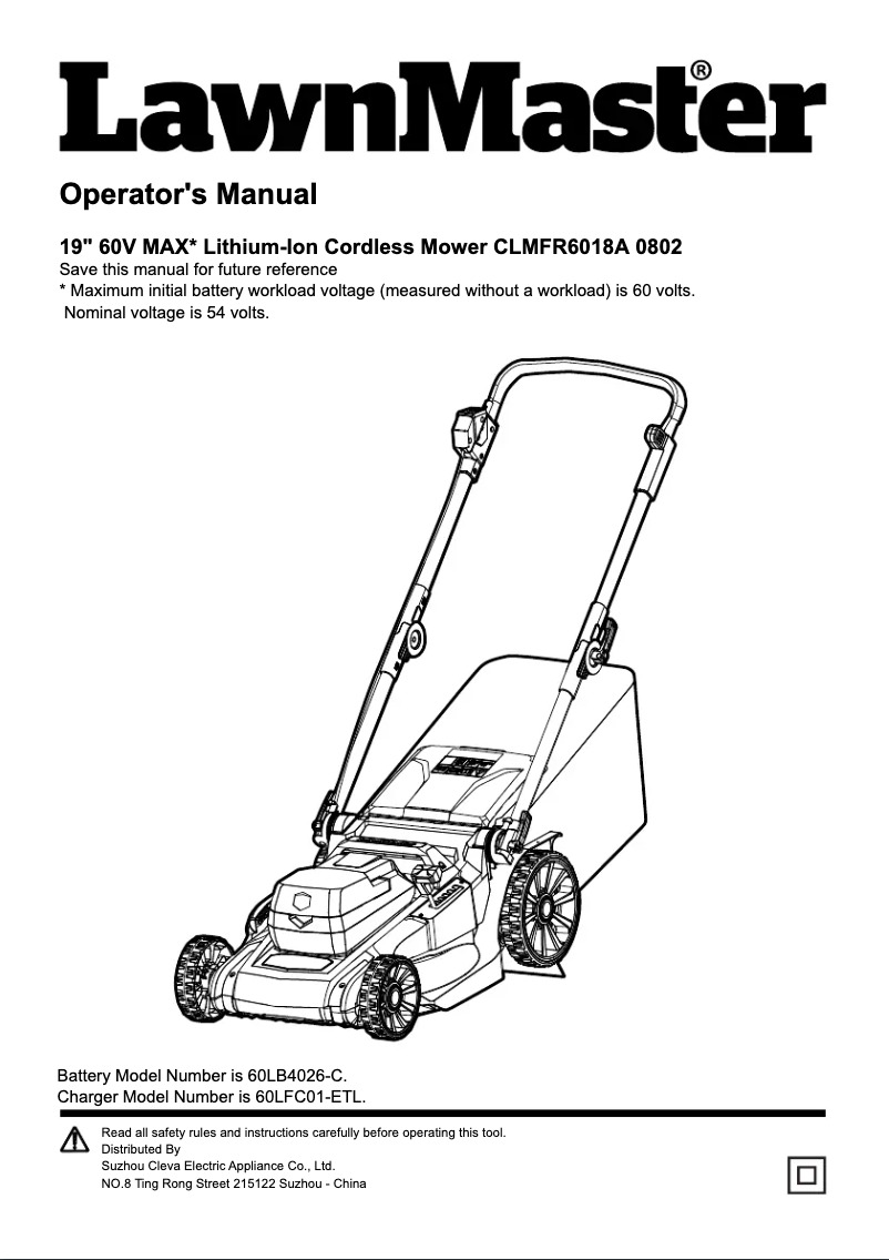 Page 1 of the manual User Manual LawnMaster CLMFR6018A 0802