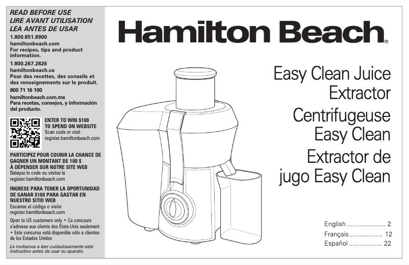 Page 1 de la notice Manuel utilisateur Hamilton Beach Easy Clean 67735