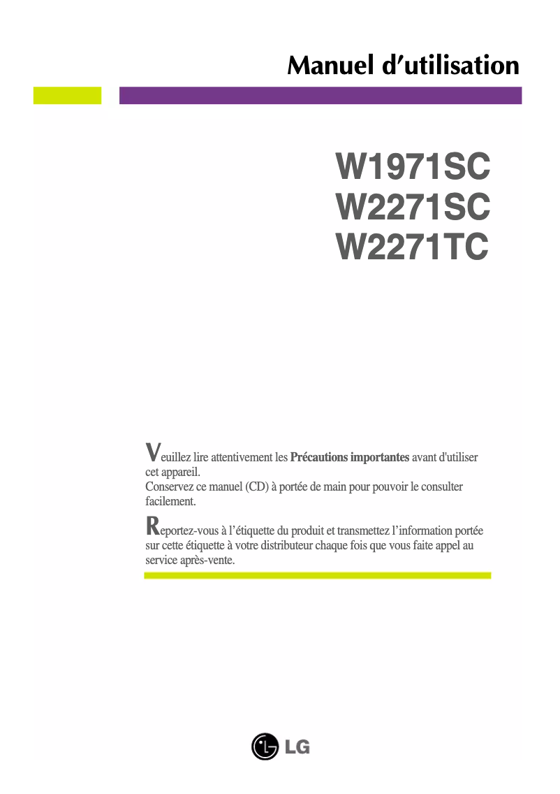 Page 1 de la notice Manuel utilisateur LG W1971SC-PF