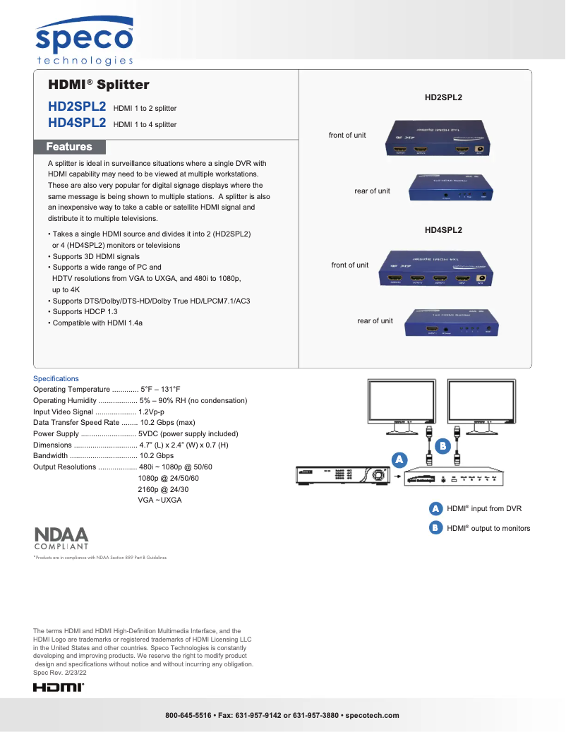 Page 1 de la notice Fiche technique Speco Technologies HD2SPL2