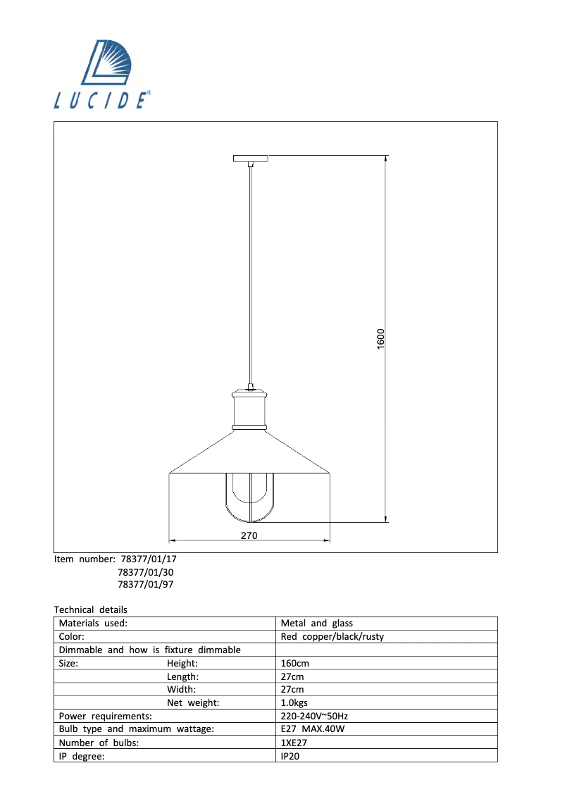 Page 1 de la notice Manuel utilisateur Lucide Naarden 78377/01/17