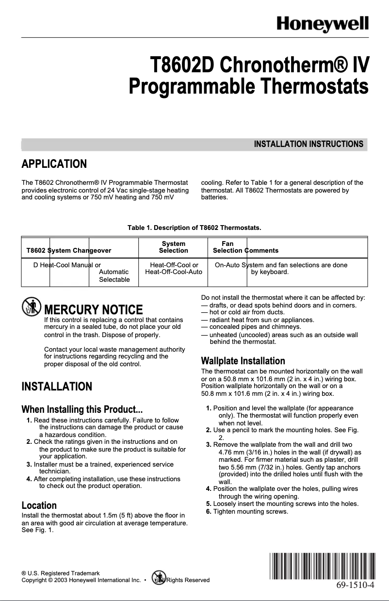 Page 1 de la notice Manuel utilisateur Honeywell Chronotherm IV T8602D